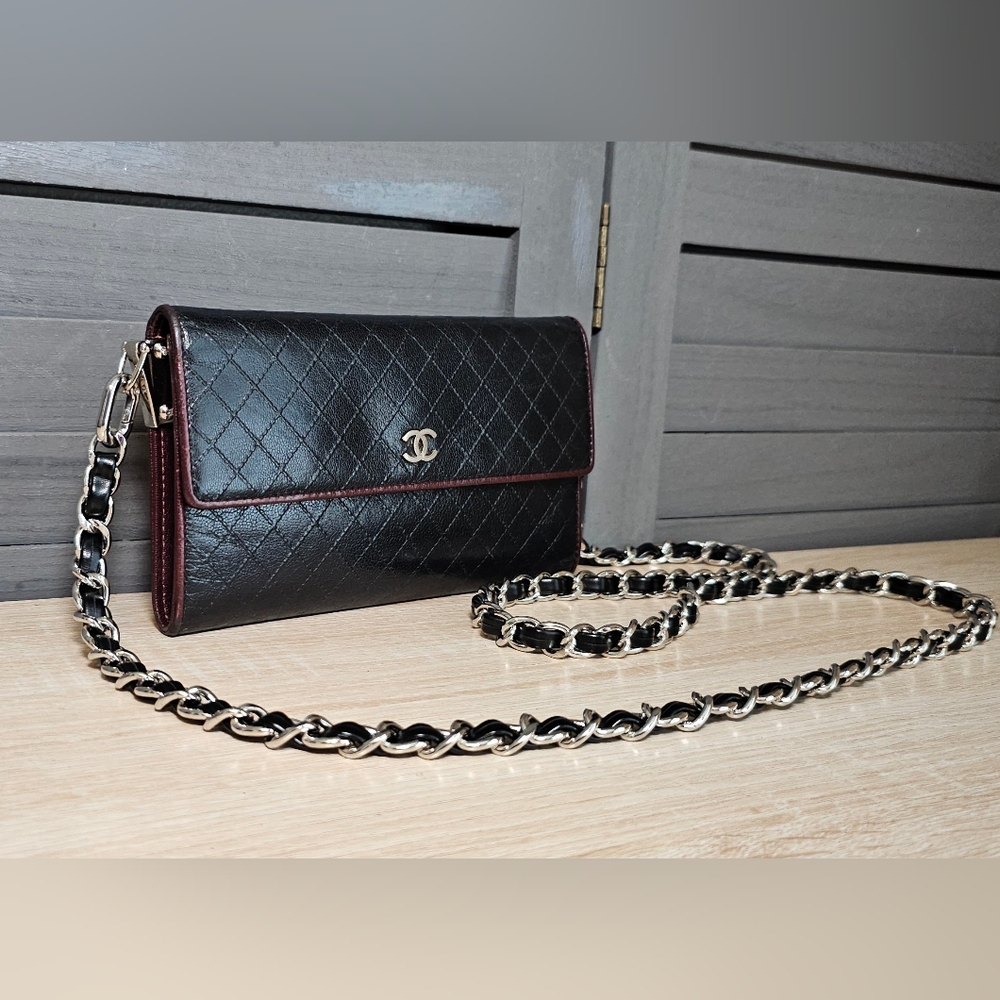 CHANEL Quilted Calfskin Leather  Black Long Wallet On A Chain